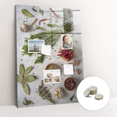 Produktbild von Magnetische Wandtafel aus Glas – Notiztafel mit gebogener Vorderseite – Enthält 5 Magnete – 70x100 cm – Kräuterdesign