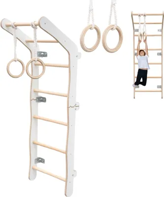 A child is using a wooden climbing frame with rings attached.