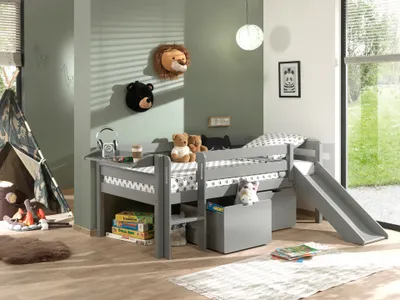 Produktbild von VIPACK Kojen-Spielbett mit Liegefläche 90 x 200 cm, inkl. Leiter, Regal, Rutsche, Rolllattenrost und 2 Schubkästen, Kiefer und MDF grau lackiert