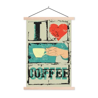 Produktbild von MuchoWow® Textilposter Kaffee - Zitate - Vintage - Sprichwörter - Ich liebe Kaffee 40x60 cm mit holzfarbenen Rahmen - Poster