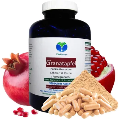 Produktbild von Granatapfel 360 Pulver Kapseln Antioxidans Ellagsäuren MultiVitamin MultiMineral SUPERFOOD für Durchblutung + Wechseljahre + Hitzewallungen NATUR Pur