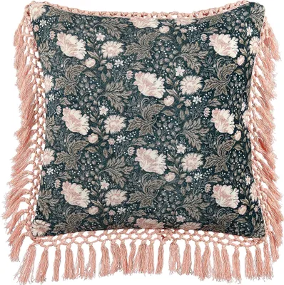 Obrázok produktu pre BELIANI Dekoratívny vankúš modrá ružová bavlna zamat 45 x 45 cm kvetovaný vzor so strapcami moderný glamour štýl doplnky