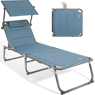 Produktbild von Sonnenliege klappbar – Gartenliege aus Aluminium mit 5-fach verstellbarer Rückenlehne, Sonnenschutz und Kopfstütze, bis 180 kg belastbar - blau