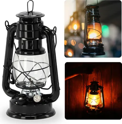 Produktbild von Schwarze Retro-PETROLEUMLAMPE, Metalllaterne, Windlicht mit Flammenregulierung – 24 cm