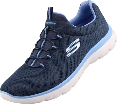 A single blue Skechers sneaker is shown against a white background.