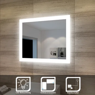 A square LED mirror mounted on a tiled wall, with icons at the bottom highlighting features.