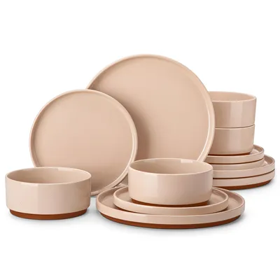 12-tlg Geschirrset, oben pink und unten khaki.