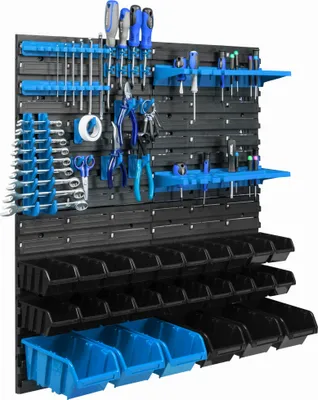 A wall-mounted tool organizer with various tools and storage bins.