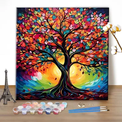 Produktbild von Malen nach Zahlen Set Lebensbaum 40x40cm Leinwand Acrylfarben Pinsel Bastelset