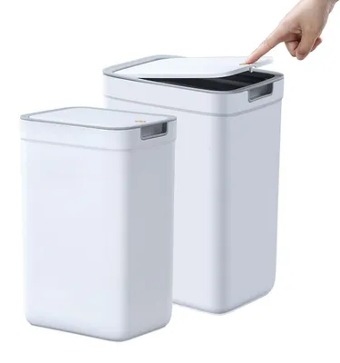 Immagine prodotto di Set di due contenitori per rifiuti con coperchio, capacità 13,5L e 9L, colore bianco, design sottile, coperchio con sistema a pressione