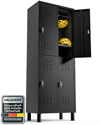 Image de Armoire métallique TwinThink à 4 portes, dimensions 180 x 65 x 40 cm, idéale pour les vestiaires ou comme casier métallique, avec serrure, compartiments sécurisés, 4 portes en métal (noires)