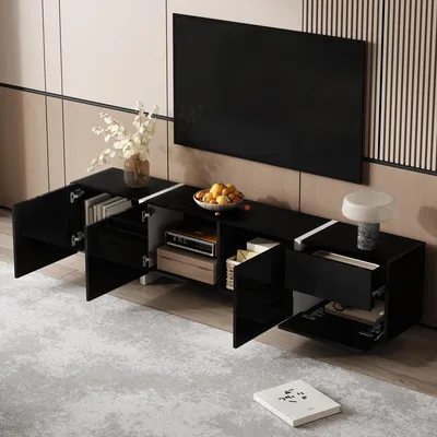 Produktbild von okwish Moderner TV-Schrank Lowboard mit Hochglanz und LED,TV-Unterschrank mit weißen Tischbeinen,Fernsehschrank mit Schranktüren & Schubladen,schwarz