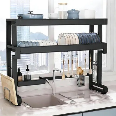 Productafbeelding van Keuken Afdruiprek - Gootsteen Organizer - Keuken Opbergen - Met Deur en Haken - 76 cm - Zwart