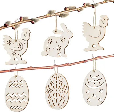 Immagine prodotto di BRUBAKER 24 PZ. Ciondoli per decorazioni pasquali - ciondoli in legno di circa 6 cm - ciondoli per decorazioni di uova, conigli e galline - ciondoli in legno per decorazioni pasquali fai da te per feste pasquali o altre decorazioni primaverili
