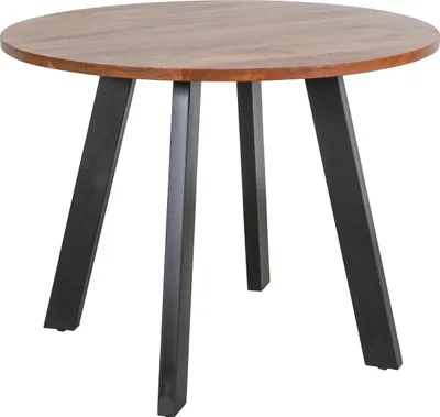 A round wooden table with black metal legs on a white background.