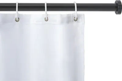 A white shower curtain hanging from a black shower rod with silver rings.
