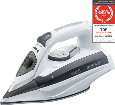 A white and gray steam iron is shown against a white background, with a promotional badge on the top right.