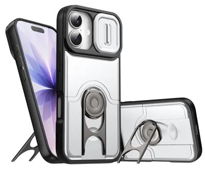 Image de Coque pour iPhone 15 avec protection pour l'appareil photo et anneau-support, coque hybride antichoc, couleur argent