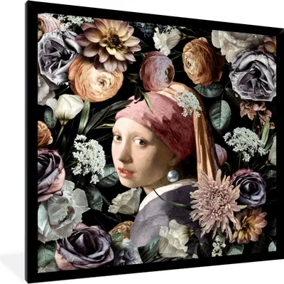 Produktbild von MuchoWow® Gerahmtes Poster Mädchen mit Perlenohrring - Blumen - Vermeer - Pastell - Kunstwerk - Gemälde - Alte Meister 40x40 cm - Poster mit Schwarzem Bilderrahmen Wandposter Rahmen Foto Bilder - Mit Rahmen - Wanddekoration Schlafzimmer