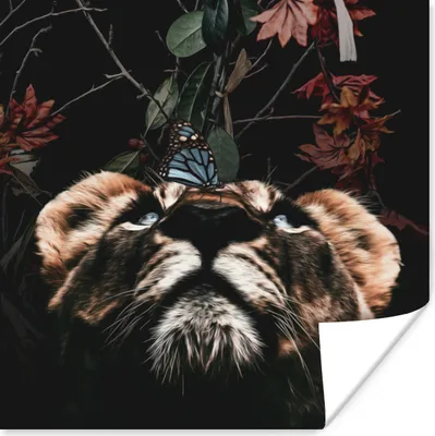 Produktbild von MuchoWow® Poster Tiger - Blumen - Schmetterling 100x100 cm - Babyzimmer