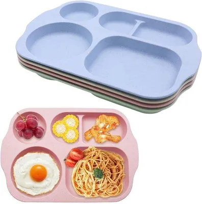 Obrázek produktu pro Sada 4 talířů pro děti a dospělé, v různých provedeních, s 5 přihrádkami, nerozbitné plastové piknikové talíře, talíře s dietními porcemi, vhodné do mikrovlnné trouby a myčky nádobí