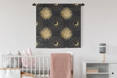 Produktbild von MuchoWow® Wandteppich Wandbehang Muster - Mond - Sonne - Gold 90x90 cm Tapisserie Dekoration Wandtuch - Wandaufhänger