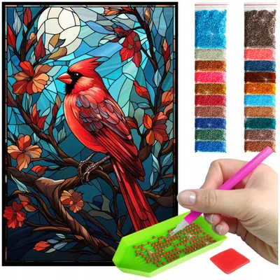 Zdjęcie produktu dla Haft diamentowy ARTULIO - Czerwony ptak w witrażu - 60 x 40 cm - Diamond painting, Kompletny zestaw: mozaika + akcesoria