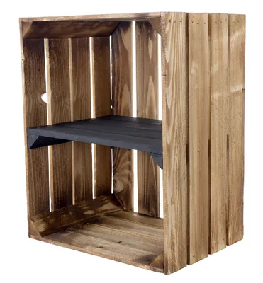 Produktbild von Stück geflammte/flambierte Holzkiste mit Mittelbrett Quer Schwarz 50cm x 40cm x 30cm Regal Weinkiste Apfelkiste Box Obstkiste