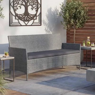 Immagine prodotto di panca da giardino a 3 posti in poly-rattan Halden, panca ~ grigio, cuscini antracite