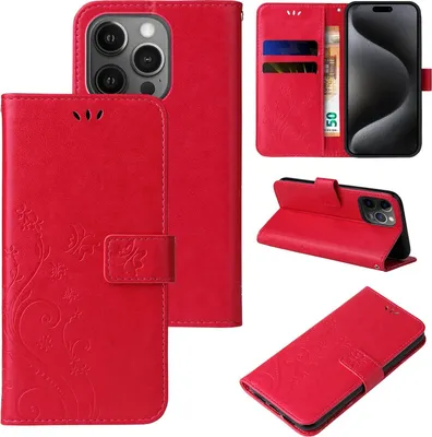 Produktbild von Handyhülle für Apple iPhone 15 Pro Max Floral Blumen Schmetterling Flip Cover Hülle Case Klapphülle Handytasche Farbe: Rot