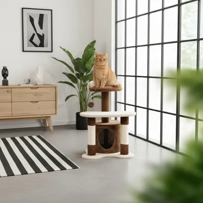 Zdjęcie produktu dla belviona drapak dla kota 65 cm, kompaktowy drapak z jaskinią, miejscem do leżenia i sizalowymi słupkami, stabilne miejsce do zabawy i odpoczynku, brązowy/beżowy