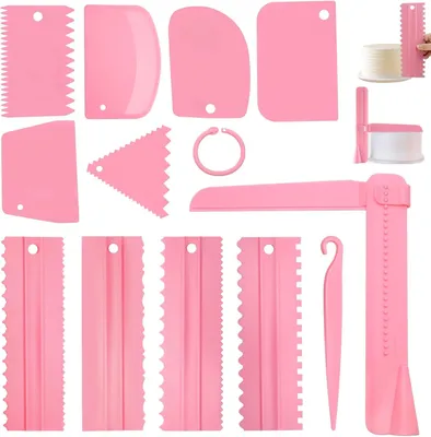 Image de Jeu de lisseurs à gâteau réglables - Ensemble de 12 pièces - Outils de décoration en plastique pour gâteaux, comprenant des raclettes et des spatules à pâte