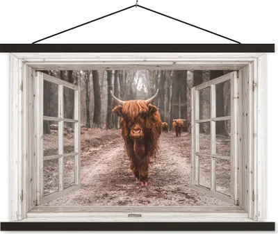 Produktbild von MuchoWow® Textilposter Ansicht - Schottisches Hochlandrind - Fenster 90x60 cm mit schwarzem Rahmen - Aufhängungssatz