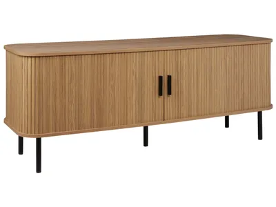 Produktbild von BELIANI TV-Möbel Hellbraun MDF-Platte mit 2 Schiebetüren Lamellen-Optik Kabeldurchführung Retro Wohnzimmer TV-Schrank für bis zu 54“ Fernseher