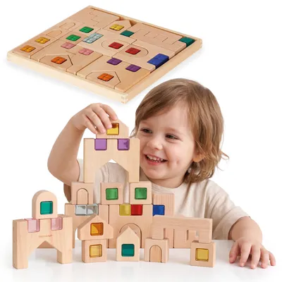 Imagen del producto de Mamabrum: Bloques de madera sensoriales para construir una ciudad, con cubos de acrílico transparente de colores. 40 piezas de madera maciza, con bandeja de almacenamiento. A partir de 3 años, Imagen generada por IA