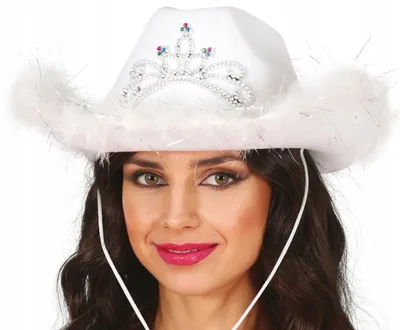 Productafbeelding van Cowboyhoed met glinsterende kroon, roze veermeisjes, geschikt voor een vrijgezellenfeest, elegant, westernfeest accessoire, modieus, kleur: wit