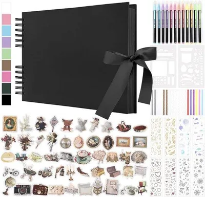 Obrázek produktu pro Fotokniha s 80 prázdnými stránkami – DIY scrapbook s 12 nýty a 7 samolepkami – Kniha hostů na narozeniny, rodinné oslavy, svatby a cesty – černá