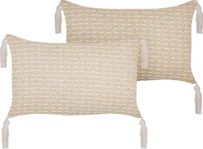 Obrázek produktu pro BELIANI Sada 2 dekorativních polštářů světle béžové 25 x 45 cm geometrický vzor střapce snímatelné potahy s výplní