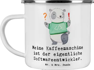 Produktbild von Mr. & Mrs. Panda Emaille Tasse Softwareentwickler Held - Weiß - Geschenk, Programmierer, Haferl, becher, Geschenke für Berufstätige, Technologie, IT, handgefertigte, Pott