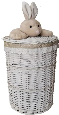 Image de Panier à linge Coffre à linge Osier rond blanc Couvercle avec peluche lapin Housse Couvercle 60L D39cm H55cm