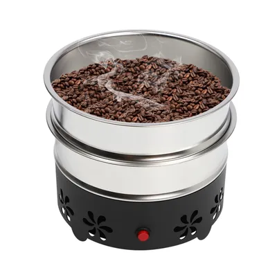 A coffee bean cooler with roasted coffee beans inside, emitting steam.