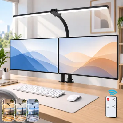 Image de Lampe moniteur Lampe de bureau LED avec pince et télécommande Lampe de table 24W Protection des yeux Lampe de lecture Lampe de bureau à pince avec 5 couleurs de lumière et luminosité pour la maison, le bureau, la lecture, l'étude