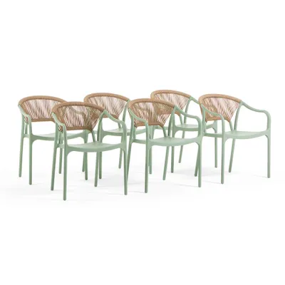 Immagine prodotto di Set di 6 sedie impilabili in polipropilene, con schienale in corda intrecciata e braccioli, ideali per giardino, terrazza, bar e ristoranti – modello Jennifer, colore verde salvia
