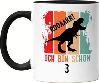 Produktbild von Roooaarr Ich Bin 3 Tasse Schwarz Dinosaurier Dino T-Rex Geburtstagskind Geschenkidee