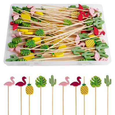 Obrázok produktu pre Špágy na koktaily z bambusu, 12 cm, 100 kusov, s dekoratívnymi zelenými listami, vhodné na párty