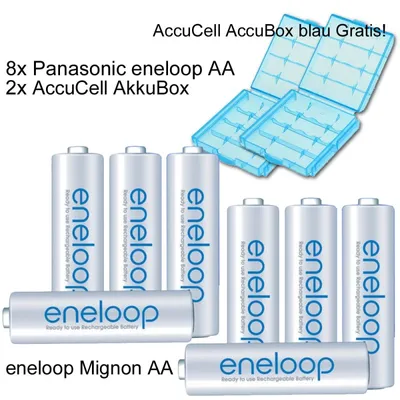 Obrázok produktu pre balenie 8 štandardných dobíjacích batérií AA Panasonic eneloop s modrou krabičkou na batérie