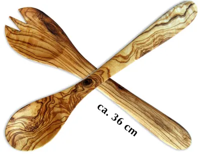 A pair of olive wood salad servers, with text indicating their approximate size.