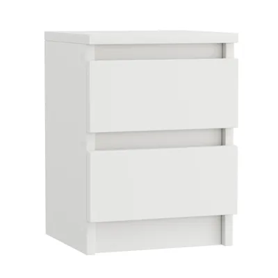 A white bedside table with two drawers, shown from the front on a white background.