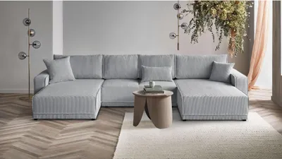 Produktbild von U-Form Ecksofa Primo U Polsterecke für Wohnzimmer mit Schlaffunktion und Bettkasten Eckcouch aus Cordstoff, Stoff: poso 55 - hellgrau