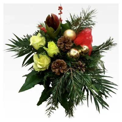 Produktbild von Blumenstrauß „Weihnachtsglück“ – Festlicher Weihnachtsstrauß mit Amaryllis, Rosen, Tannengrün, Beeren und Dekoration
